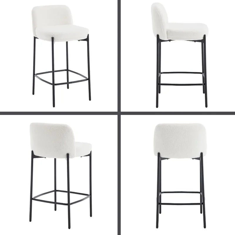 Modern White Sherpa Counter Stools with Black Metal Legs, 26" Upholstered Counter Height Bar Stools with Curved Back