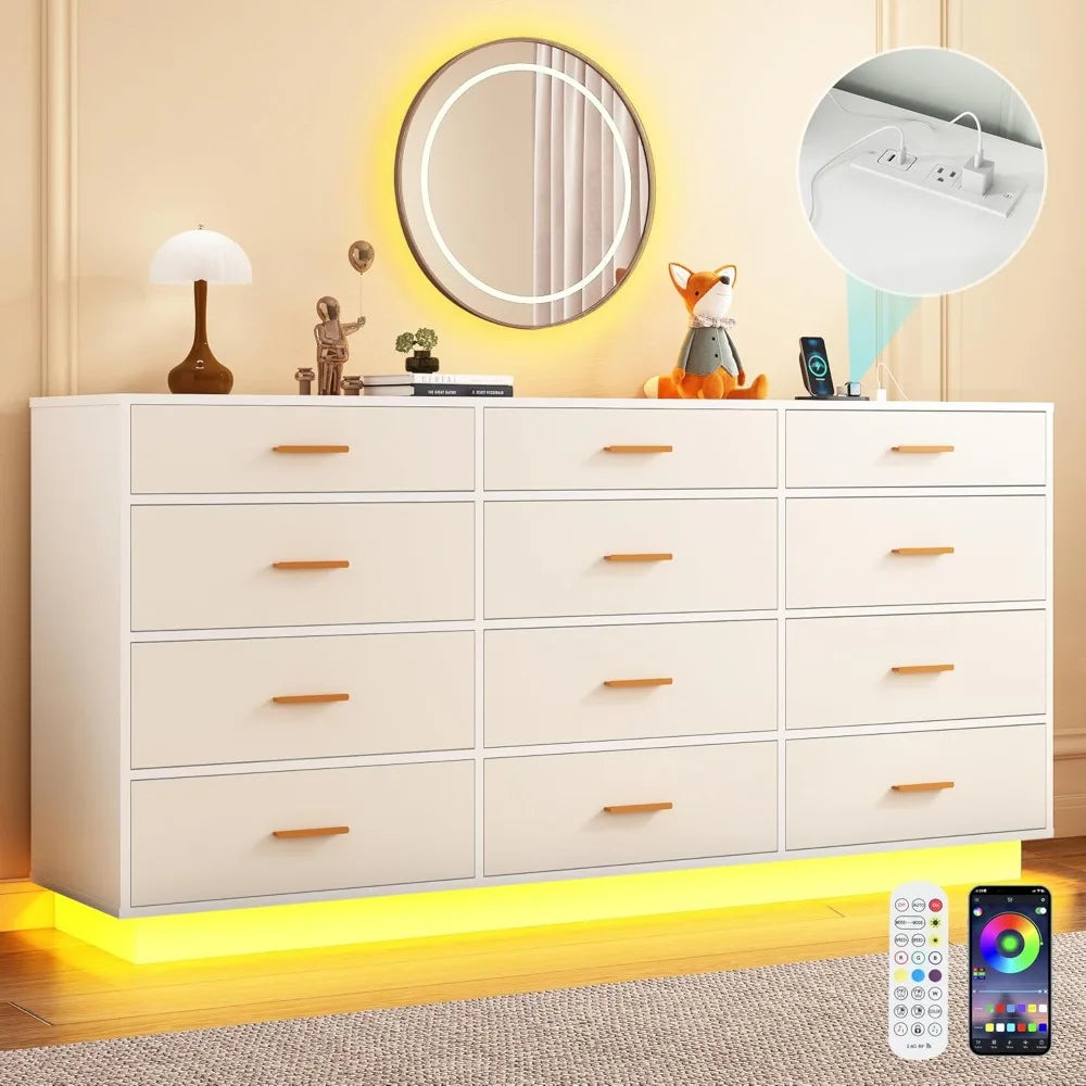 ELSIE Modern 12-Drawer Dresser with LED Lights & Power Outlet - 63'' Wide