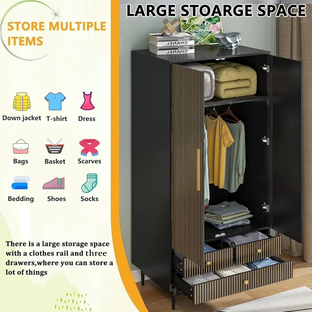FIONA Modern Groove Panel Wardrobe Armoire – Wooden Clothing Organizer with Drawers, Shelves & Hanging Rod