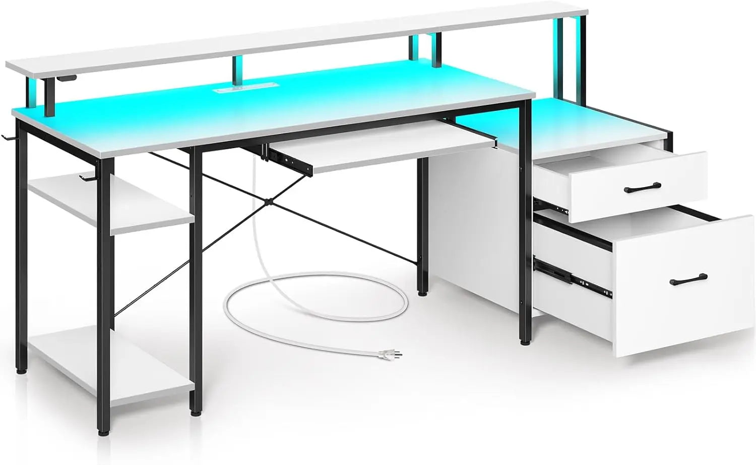 OLIVIA Gaming Desk with LED Lights & Power Outlets Storage Shelves- 63"W