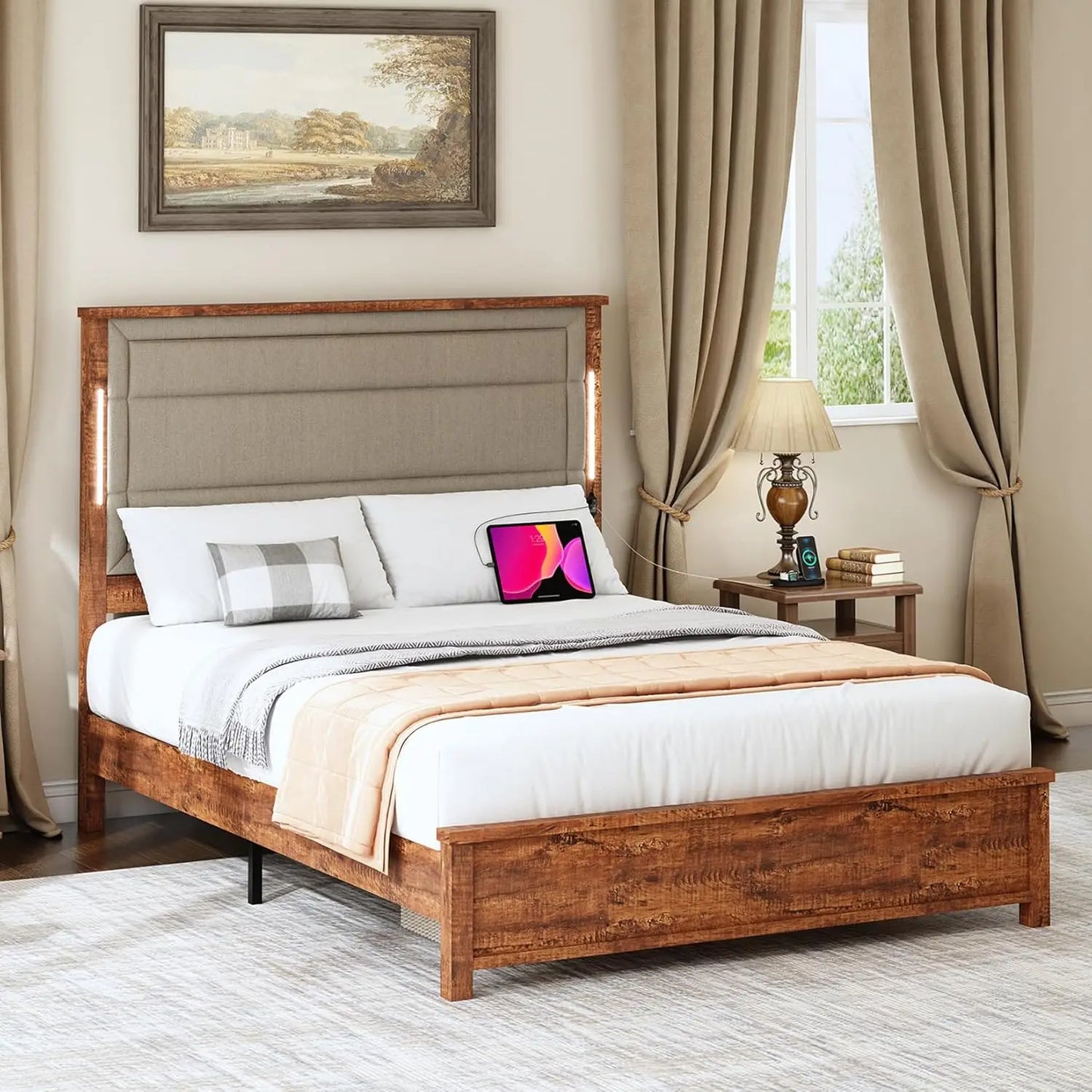 BELLA Rustic Upholstered Bed Frame with 53" LED Headboard & Charging Station