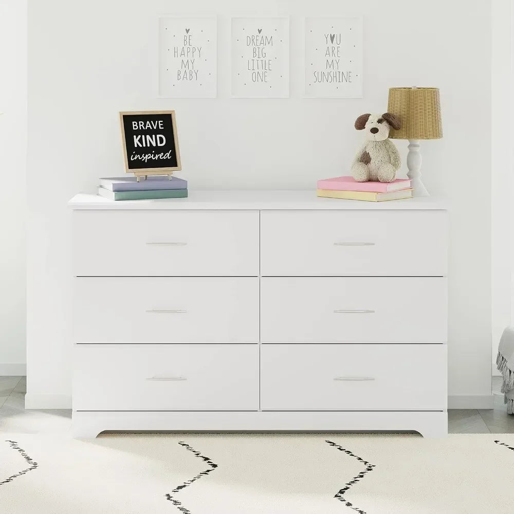 Minimalist Modern 6-Drawer Double Dresser – White Wood Chest – 53.5"W