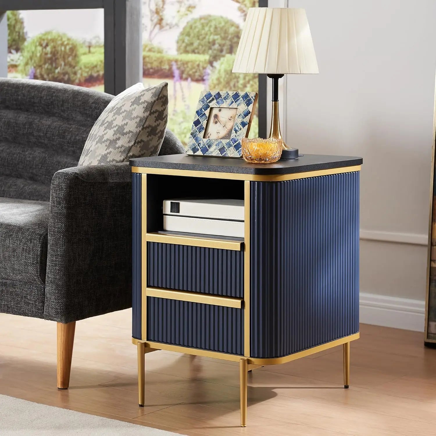 NINA Luxury End Table with Charging Station, Faux Marble Top & Gold Accents - 18''