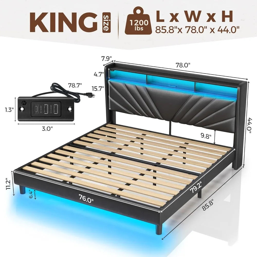 ZOEY Modern King Size Upholstered Bed Frame with LED Lights, Charging Station & Storage - 75.98''