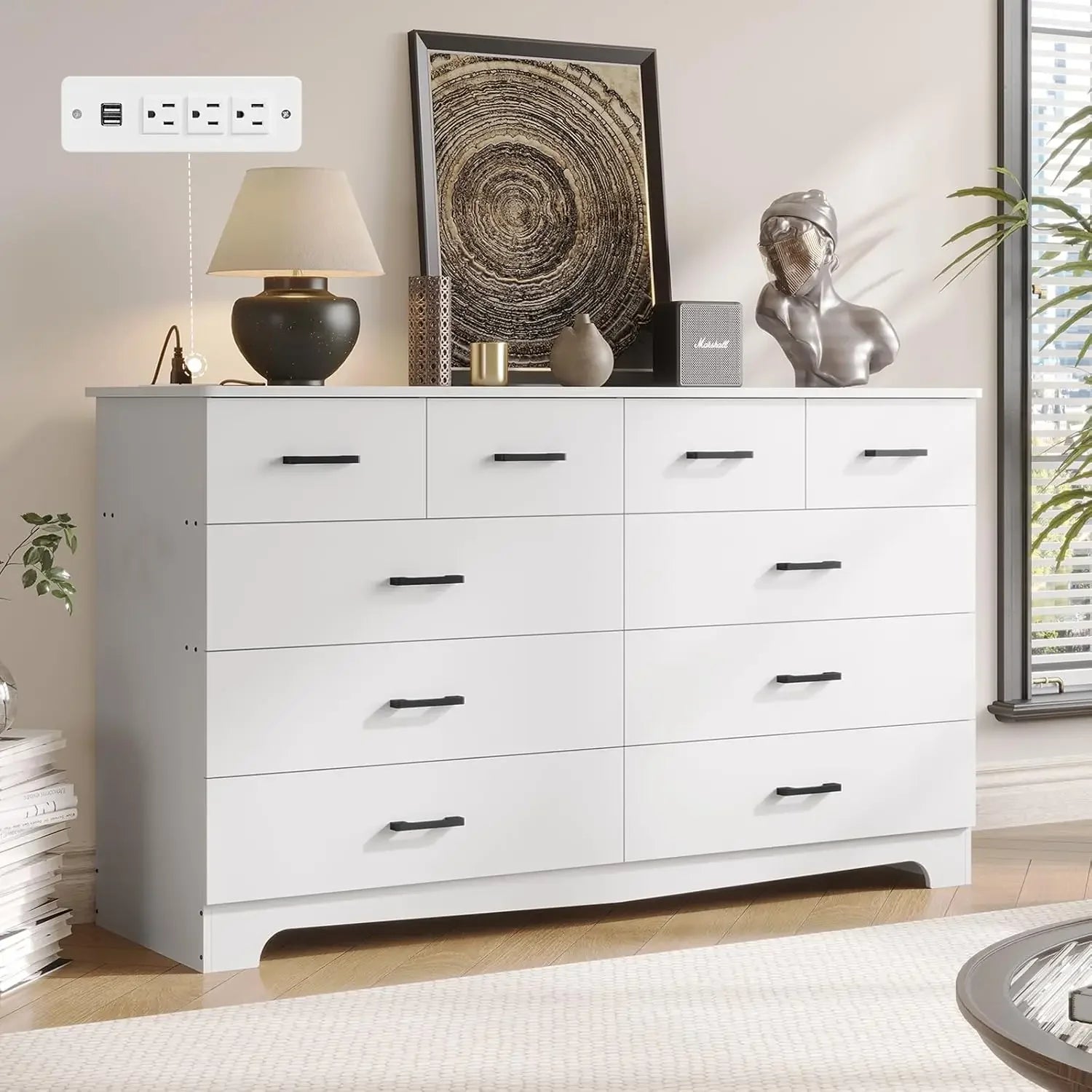 ZURI Modern 55" Wide 10-Drawer Dresser with Power Outlets - Bedroom Storage Organizer