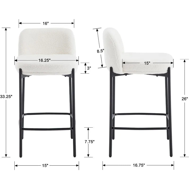 Modern White Sherpa Counter Stools with Black Metal Legs, 26" Upholstered Counter Height Bar Stools with Curved Back