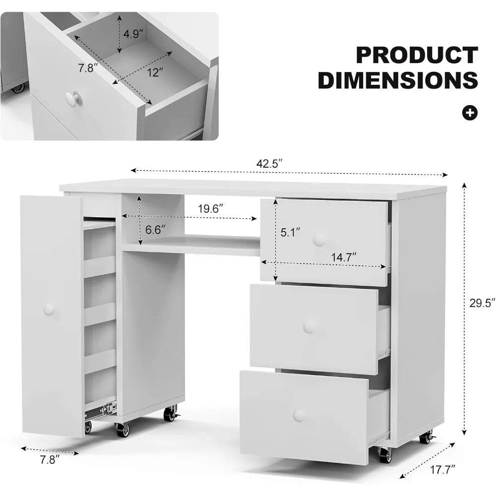 ARIELLA Modern Manicure Table with Storage - 43'' Salon Nail Desk w/3 Drawers & Vertical Cabinet