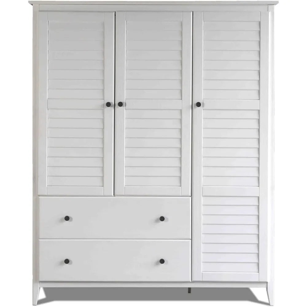 BAILEY Louvered 3-Door Wooden Wardrobe with Drawers - 59.5" Wide