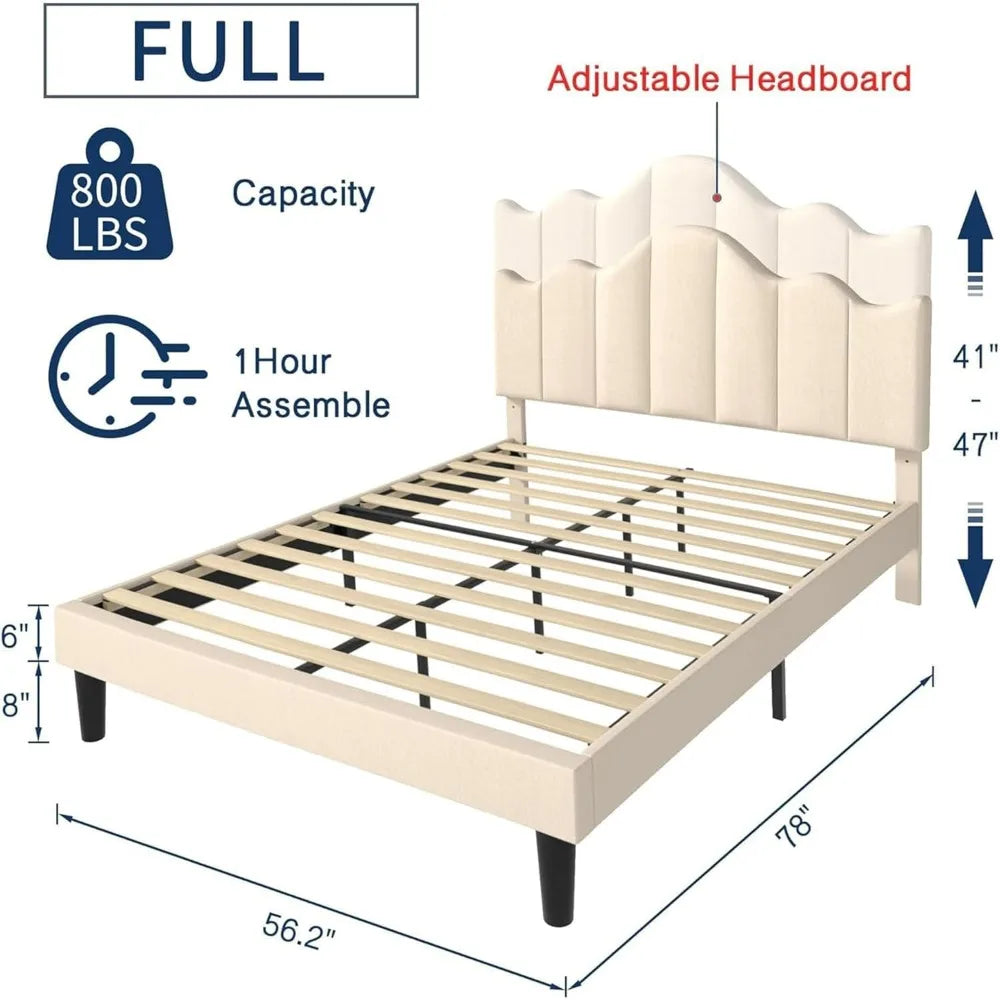 VIOLET Modern Curved Full Size Upholstered Platform Bed Frame 56'' Wide – Adjustable Headboard