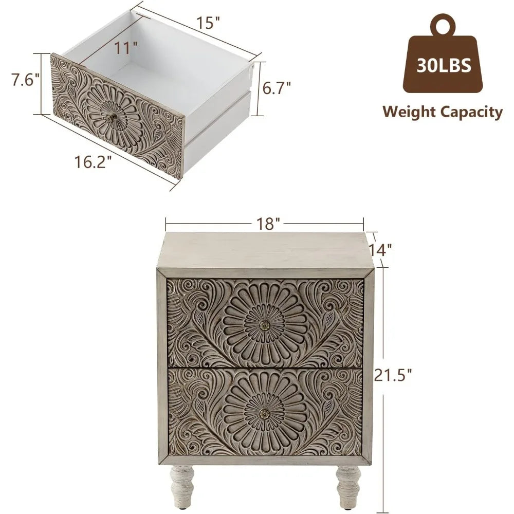 HOPE Vintage Floral Carved Wooden Nightstand Set – 18" Wide Bedside Table with 2 Drawers
