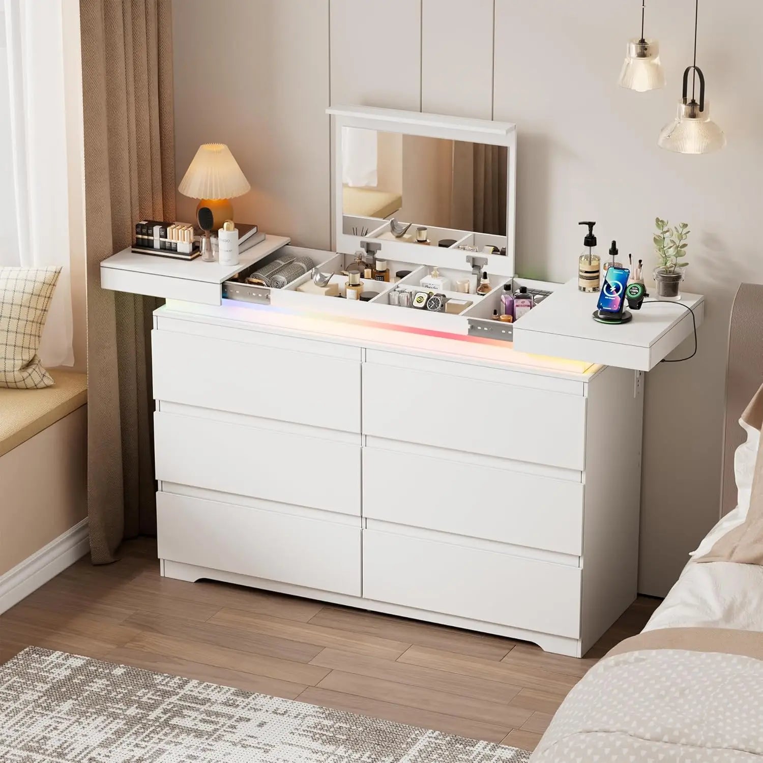 LILLY Modern LED 5-Drawer Dresser with Hanging Rack & Charging Station