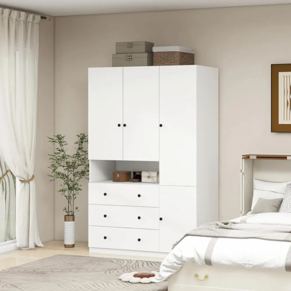 JUNE Modern Minimalist 3-Door Wardrobe Armoire with Storage Drawers - 62.99" Wide