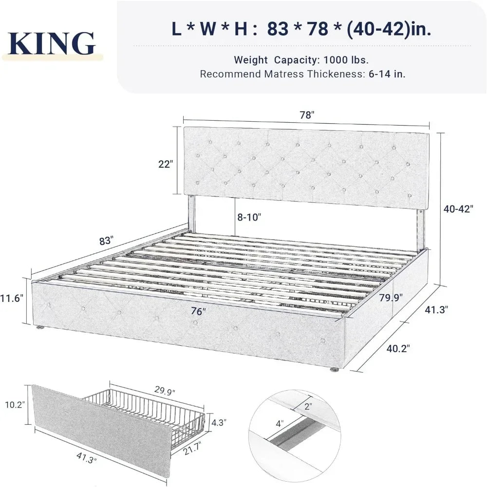 Avani Modern Upholstered King Size Platform Bed Frame with Storage Drawers and 78"W Headboard