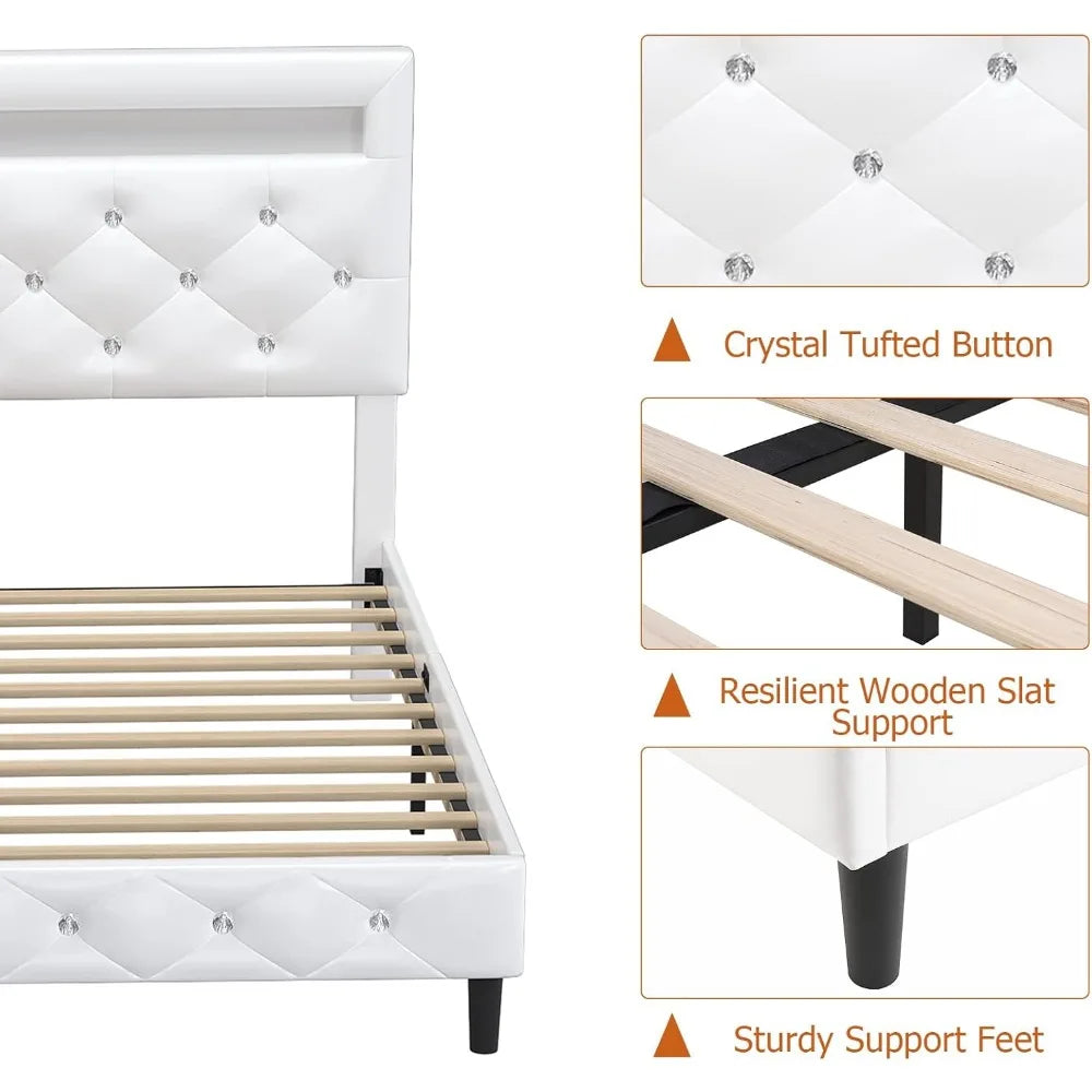 NATALIE Modern Upholstered Queen Bed Frame with LED Lights - Crystal Tufted Headboard - 60"