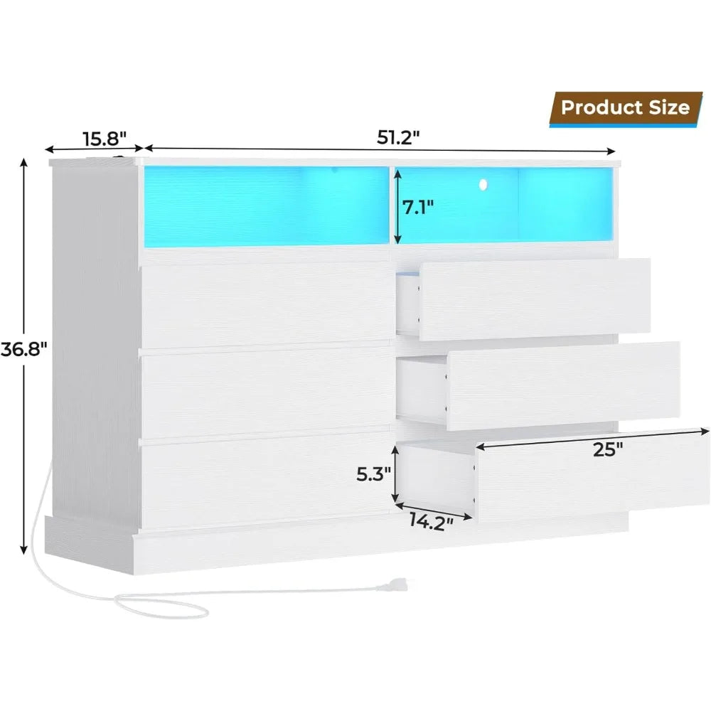 ARIANNA Modern LED Dresser with Power Outlet - 51.2" Wide Storage Chest with 6 Drawers