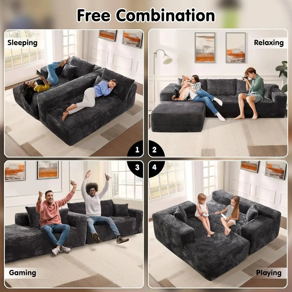 JAMESON Modern Plush Corduroy L-Shaped Cloud Sectional Sofa – Deep Seat Modular Couch | 105.7"W