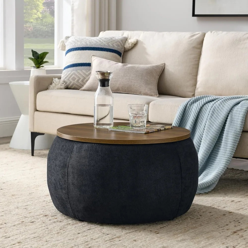 JUSTIN Modern Round Storage Ottoman with Wooden Lid – 25.5" W