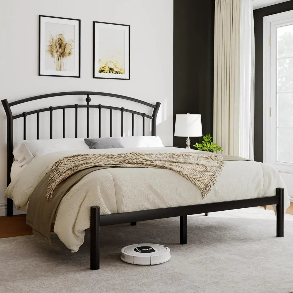 LEAH Modern Metal Platform Bed Frame with Elegant Iron-Art Headboard & Heavy-Duty Steel Slats