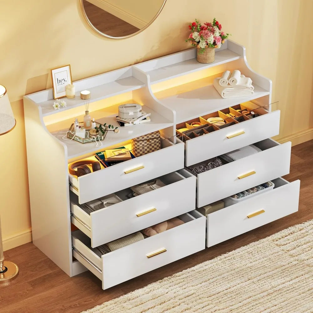 DAKOTA Modern LED Bedroom Dresser – 6 Drawer Storage Chest with Open Shelf & RGB Lights | 49'' W