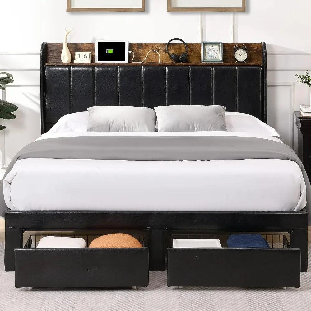 Ailany Modern Upholstered Queen Bed Frame with Storage Drawers