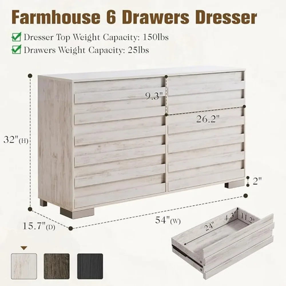 GEMMA Farmhouse 6-Drawer Rustic Wood Dresser - 54" Wide Chest for Bedroom