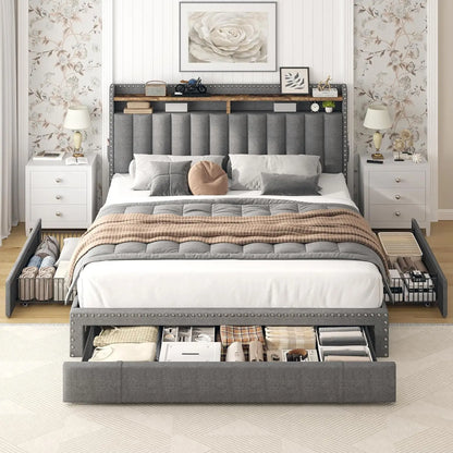 Aylani Modern Upholstered King Size Bed Frame 77.95'' Wide with Storage Drawers