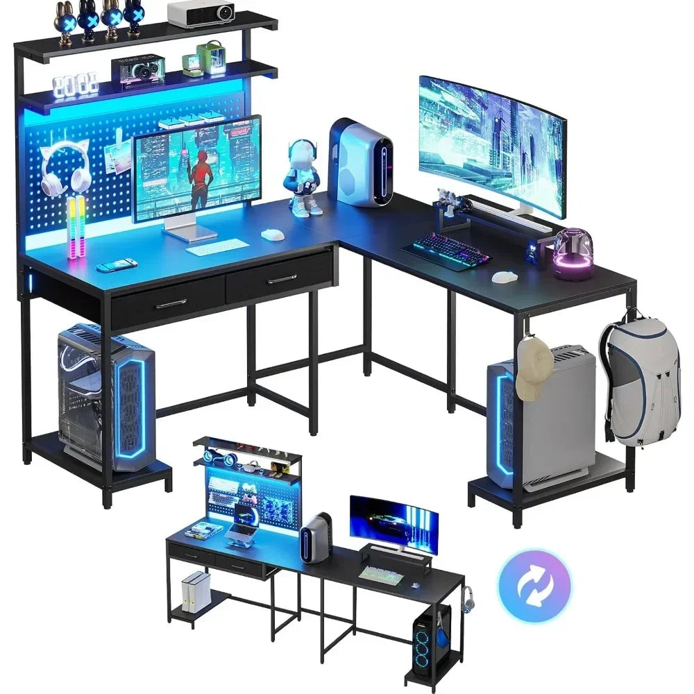 EMMA Gaming Desk with LED Lights, Pegboard, Drawers & Monitor Stand - 54.3"W