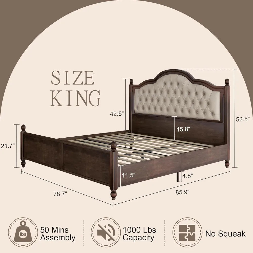 ALLISON Transitional Wood King Bed Frame – Tufted Upholstered Headboard | 78.7" Wide