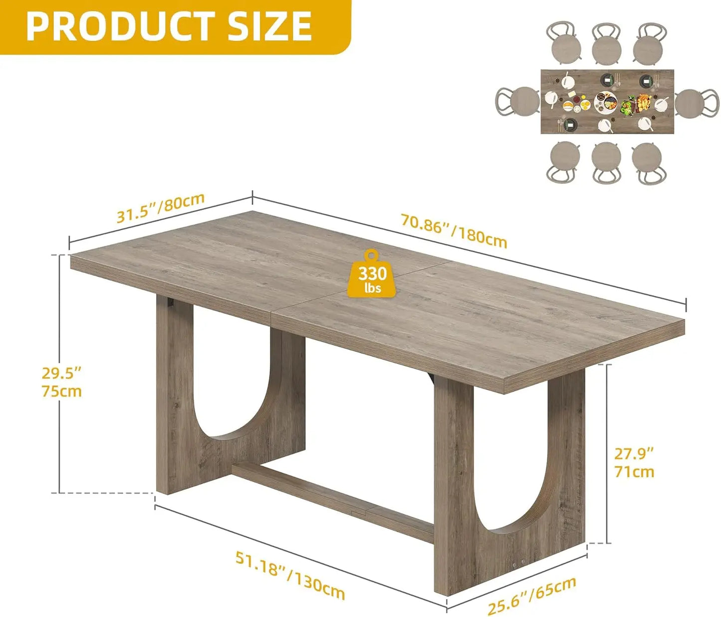 SUSAN Modern Farmhouse Rectangular Dining Table - 70.86" W