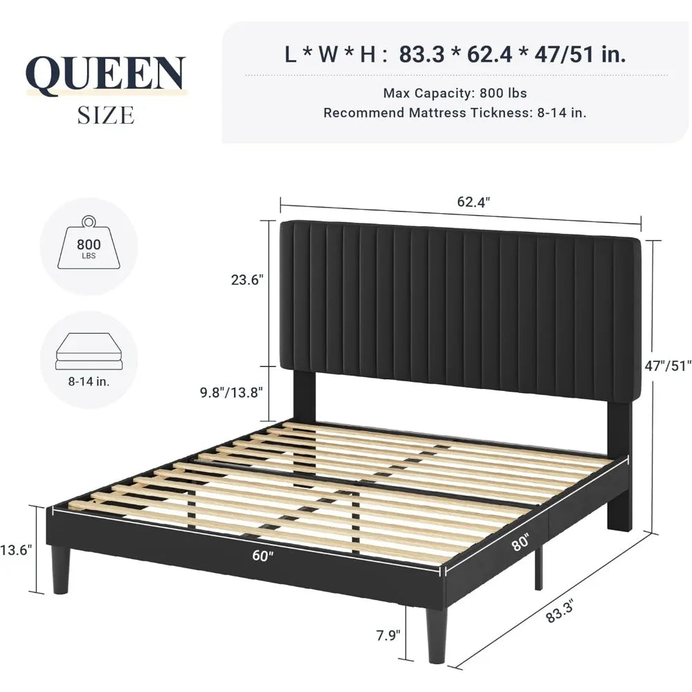 VERLEIGH Modern Velvet Upholstered Queen Bed Frame - 62.4''