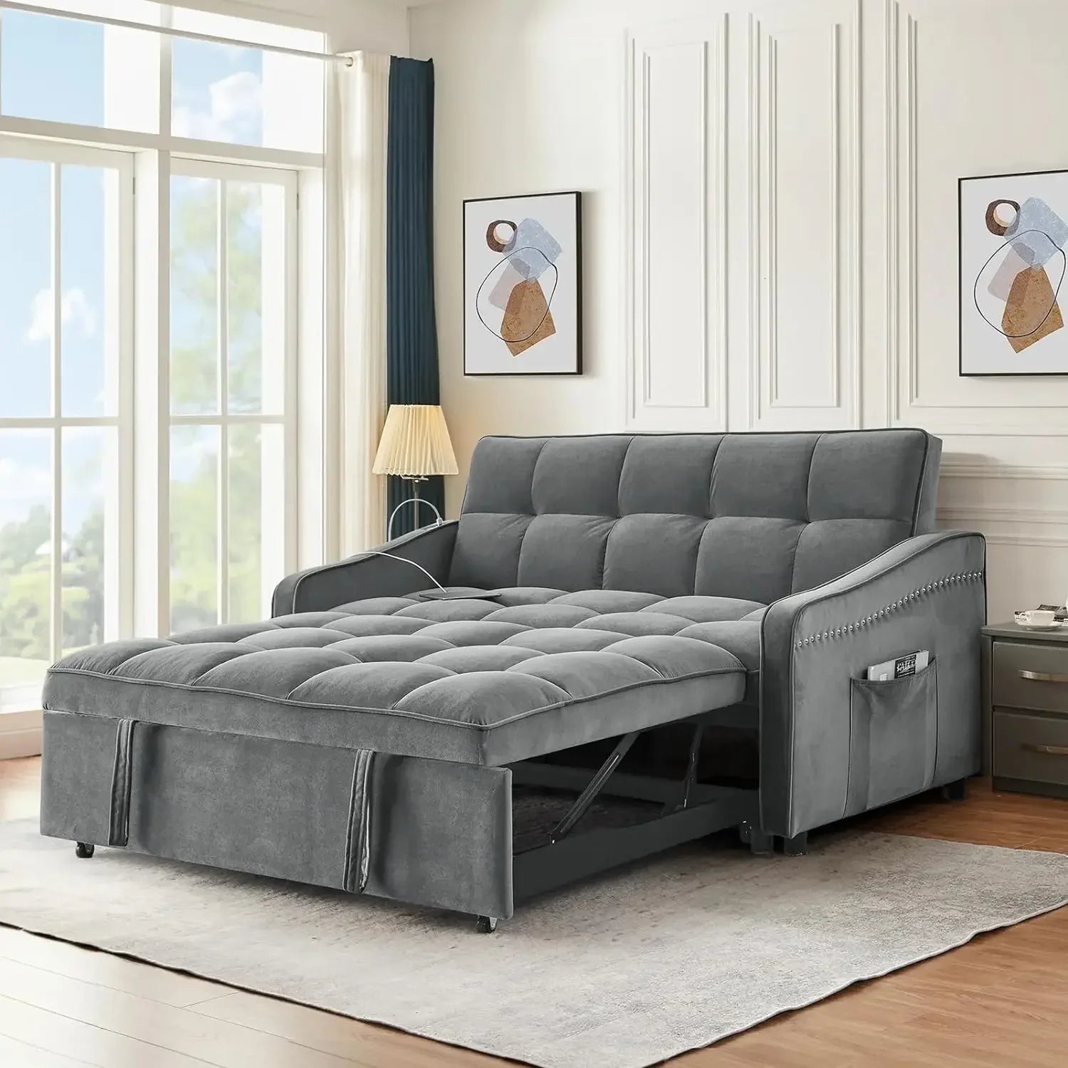 JOSEPH Modern Velvet Sleeper Sofa – 3-in-1 Loveseat with USB & Type-C - 52"