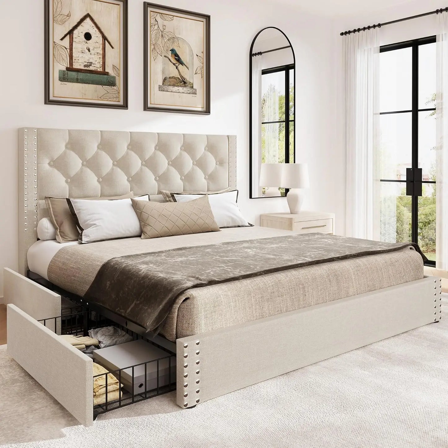 ADELINE Elegant Upholstered Bed Frame with Storage Drawers – King Size