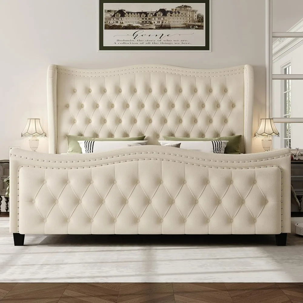 LAINEY King Size Luxury Velvet Wingback Platform Bed Frame with Button Tufted Headboard