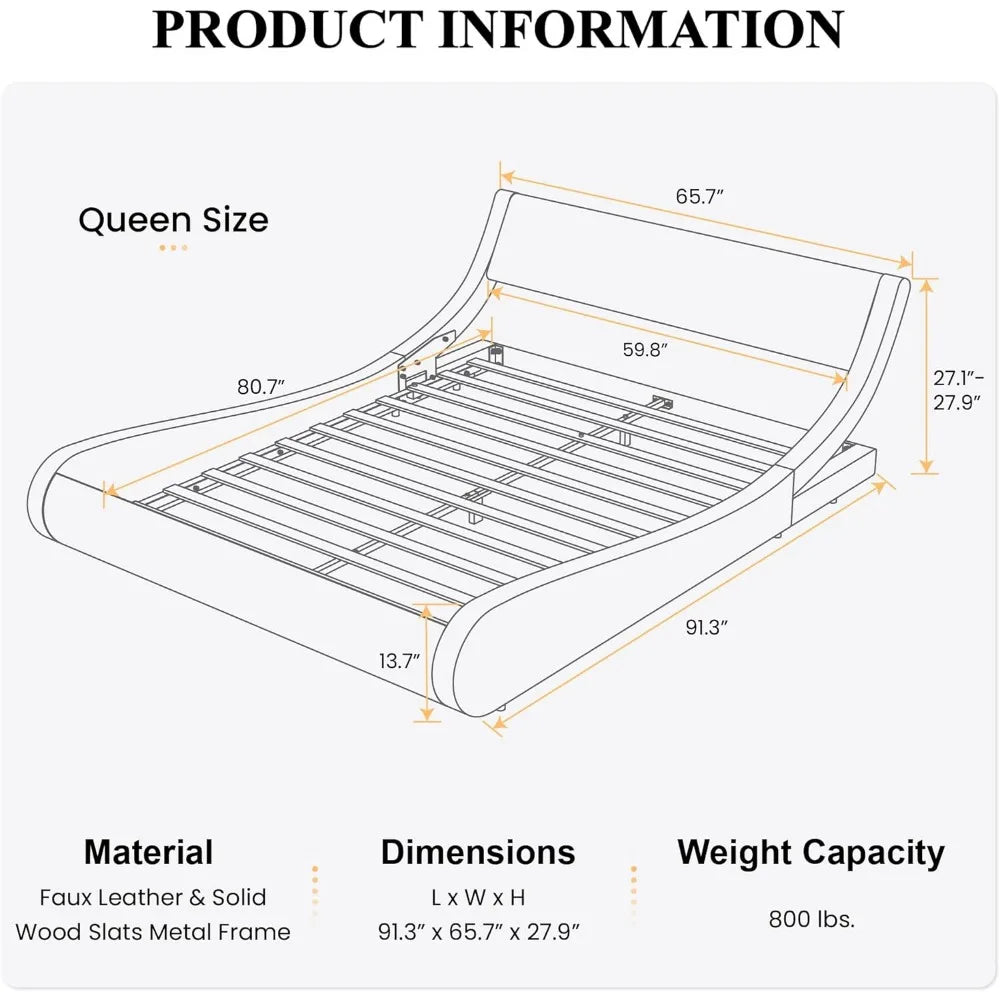 EMERSYN Modern Faux Leather Sleigh Platform Bed Frame - Queen Size - 65.7''