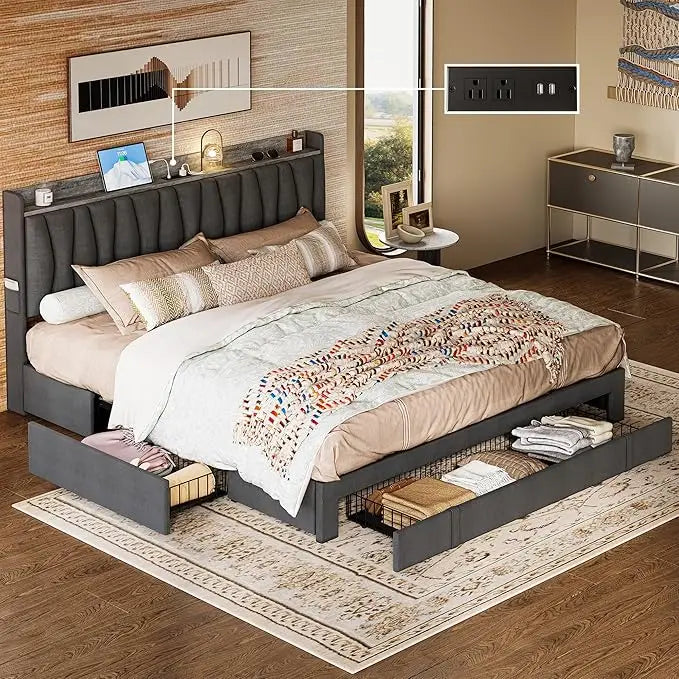 OAKLEY Modern Upholstered King Size Storage Bed Frame with Headboard & Charging Station - 87.4''