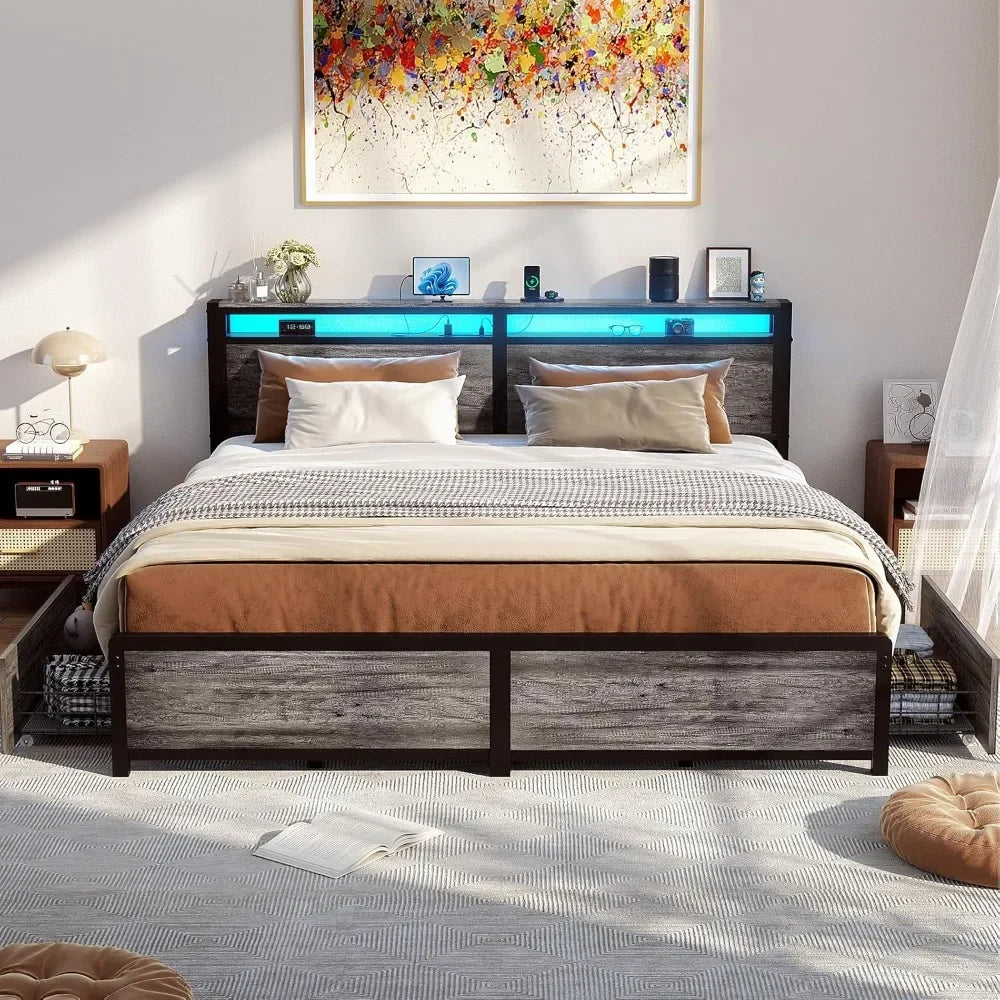 GENESIS Modern Upholstered Platform Bed Frame with LED Storage Headboard & Charging Station