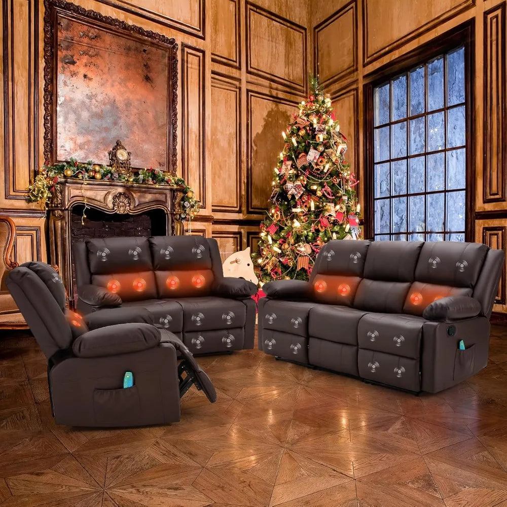 ADAM 3-Piece Recliner Sofa Set with Massage & Heat, Faux Leather-36.2" W
