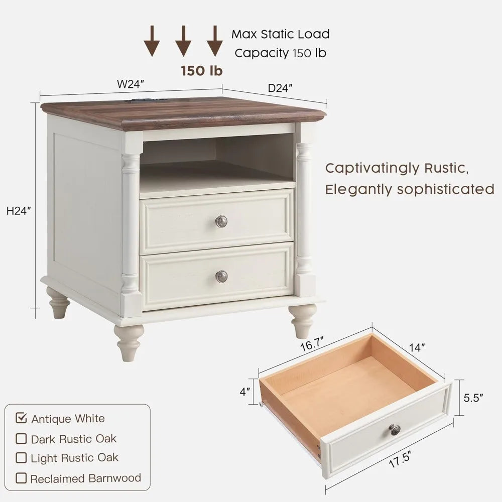 PAYTON Farmhouse End Table - Rustic Wood Nightstand with Charging Station