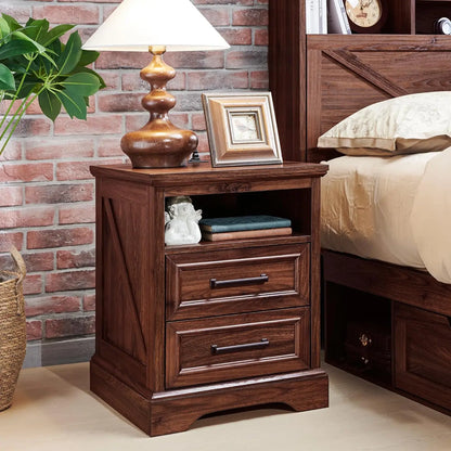 LEIGHTON Farmhouse Nightstand with Charging Station - 18'' Wide Wooden Bedside Table