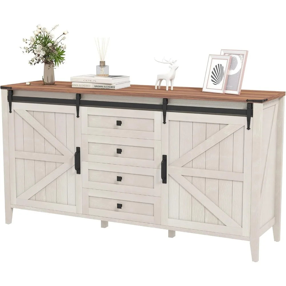 HARMONY Rustic Farmhouse Sliding Barn Door Dresser - 60" Wide Wooden Storage Chest with 4 Drawers