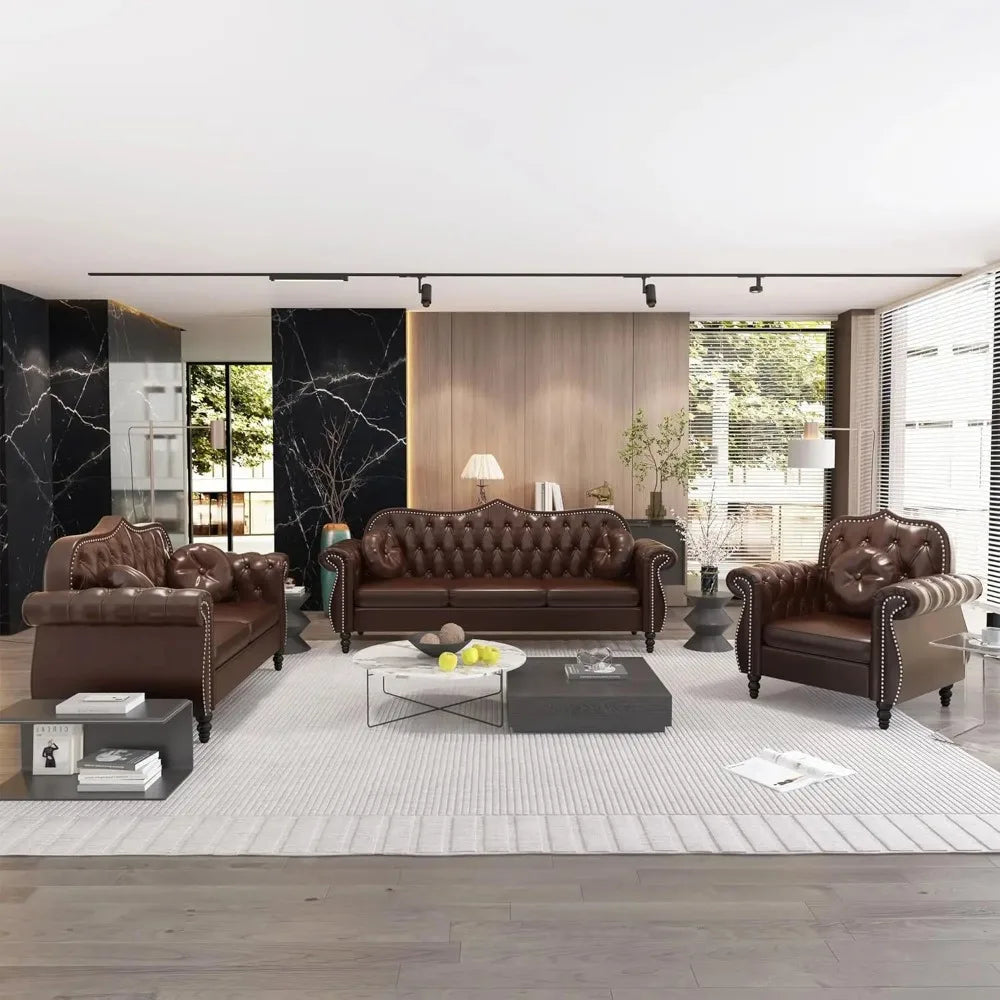HUDSON ChesterLuxe Classic Chesterfield Sofa Set – Mid-Century PU Sectional Couch – 82.67"W