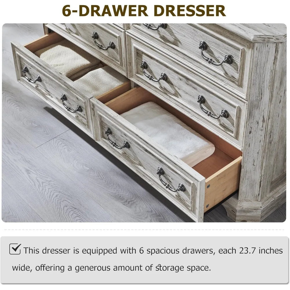 ALORA Rustic Farmhouse 6-Drawer Wood Dresser - 54" Wide Storage Chest for Bedroom