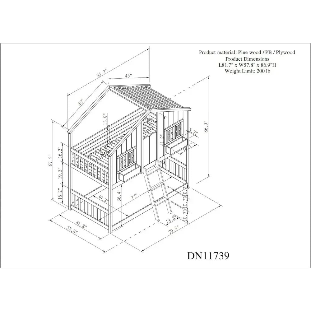 SUMMER Modern Twin Wood Bunk Bed with Roof & Window - 57.8''