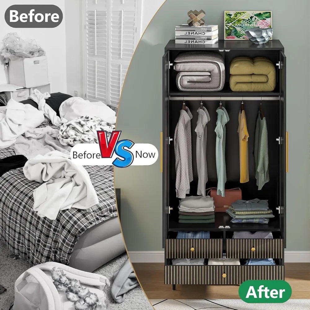 FIONA Modern Groove Panel Wardrobe Armoire – Wooden Clothing Organizer with Drawers, Shelves & Hanging Rod