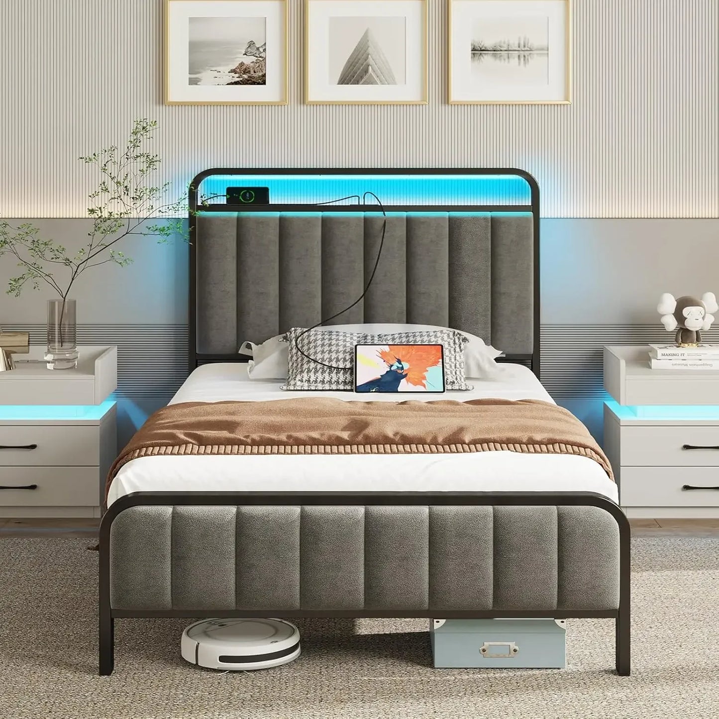 HANNAH Modern Queen Size Bed Frame with LED Headboard, Charging Station & Storage