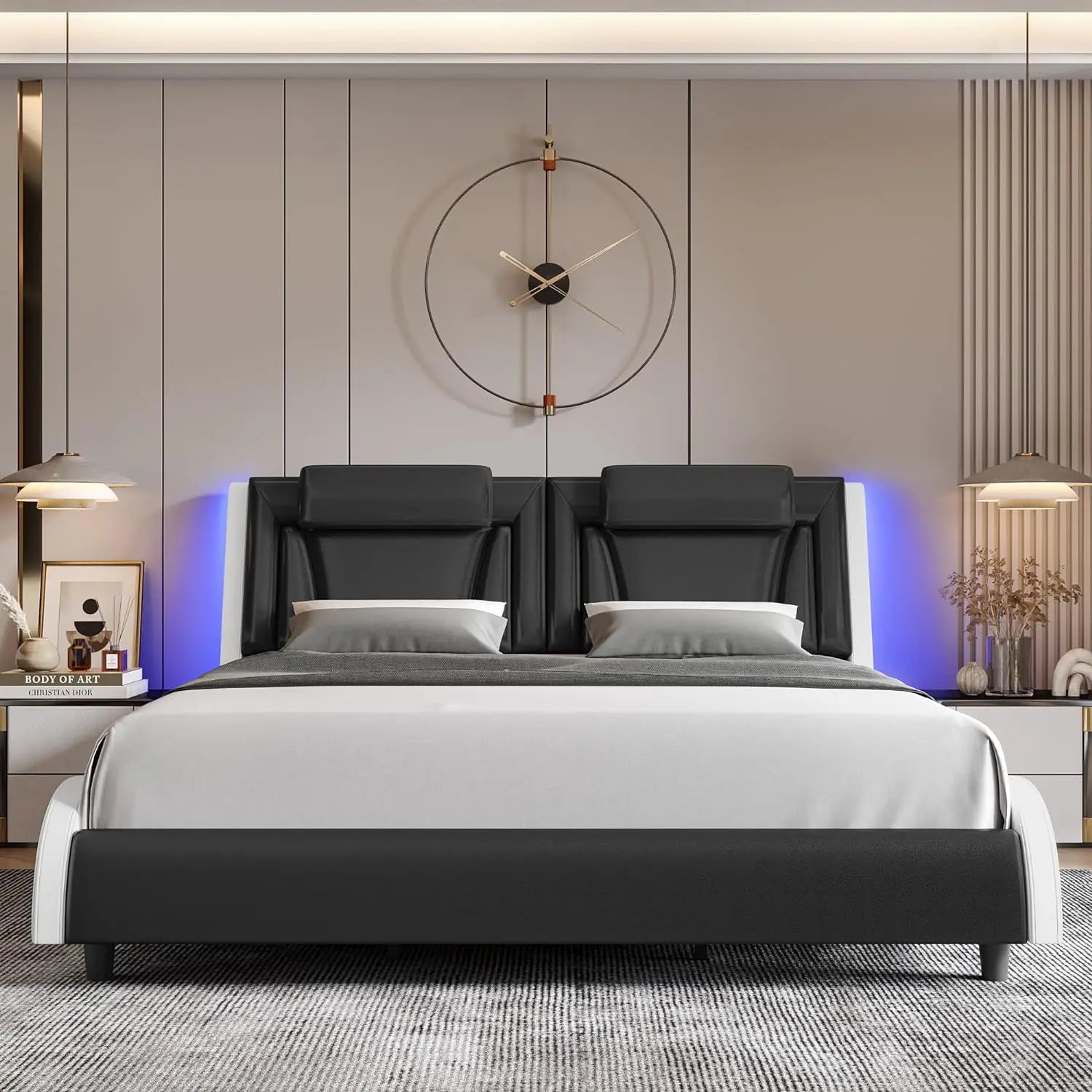 MIA Sleek Modern Upholstered Platform Bed Frame 63.4" Wide with Adjustable LED Headboard