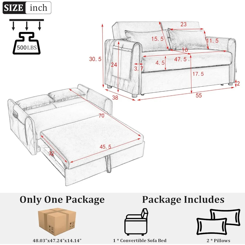 SARAH Modern Sleeper Sofa Bed – 3-in-1 Pull-Out Loveseat with Adjustable Backrest - 33.1"