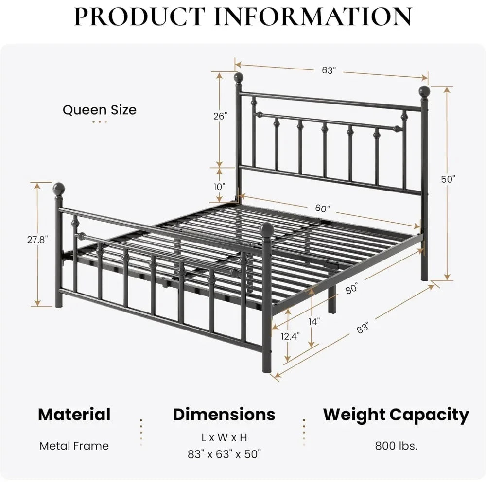 RUBY Vintage Metal Platform Bed Frame – Classic Design with Headboard & Footboard - 63''