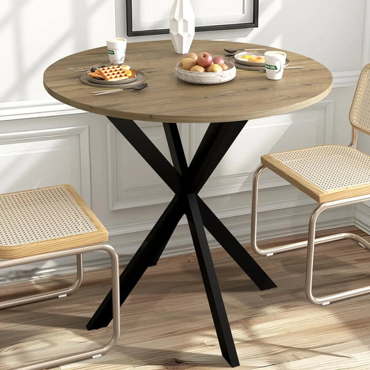 JOANNE Circle Kitchen Table with Metal Pedestal & Wooden Top Round Dining Table – 31.5"W