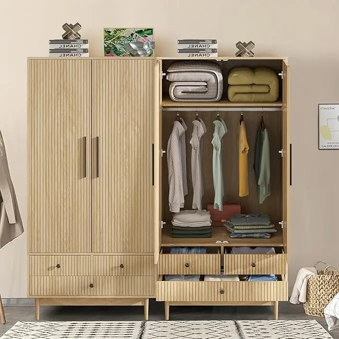 FIONA Modern Groove Panel Wardrobe Armoire – Wooden Clothing Organizer with Drawers, Shelves & Hanging Rod